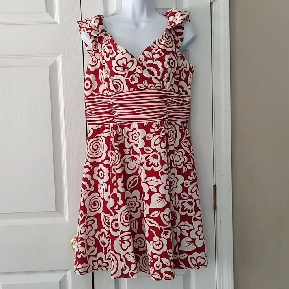 Chadwick's red white fit & flare slimming print summer cruise dress M2261 Sz 12